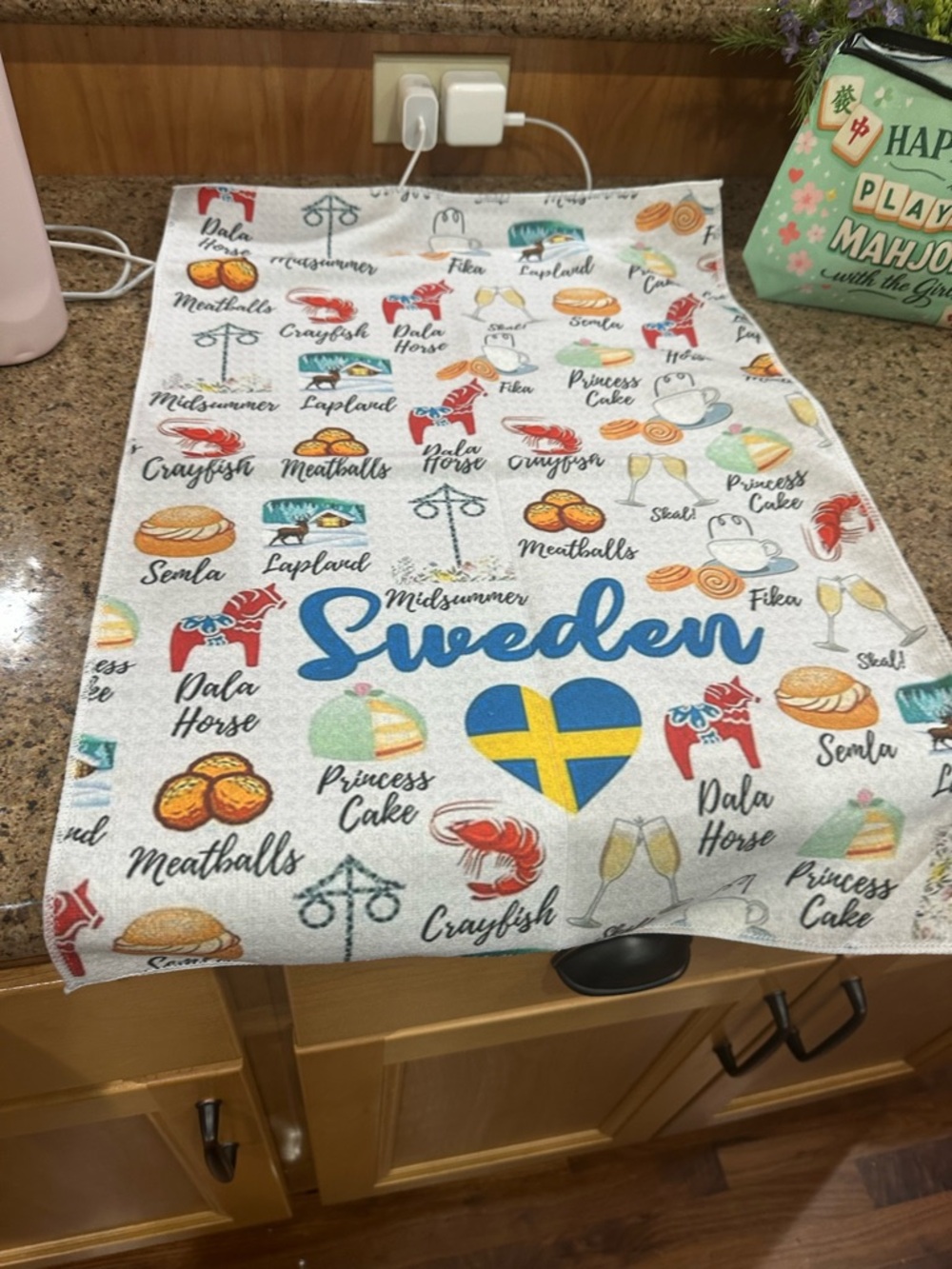 Sweden-themed Kitchen Towel with Flag and Icon Prints, New
